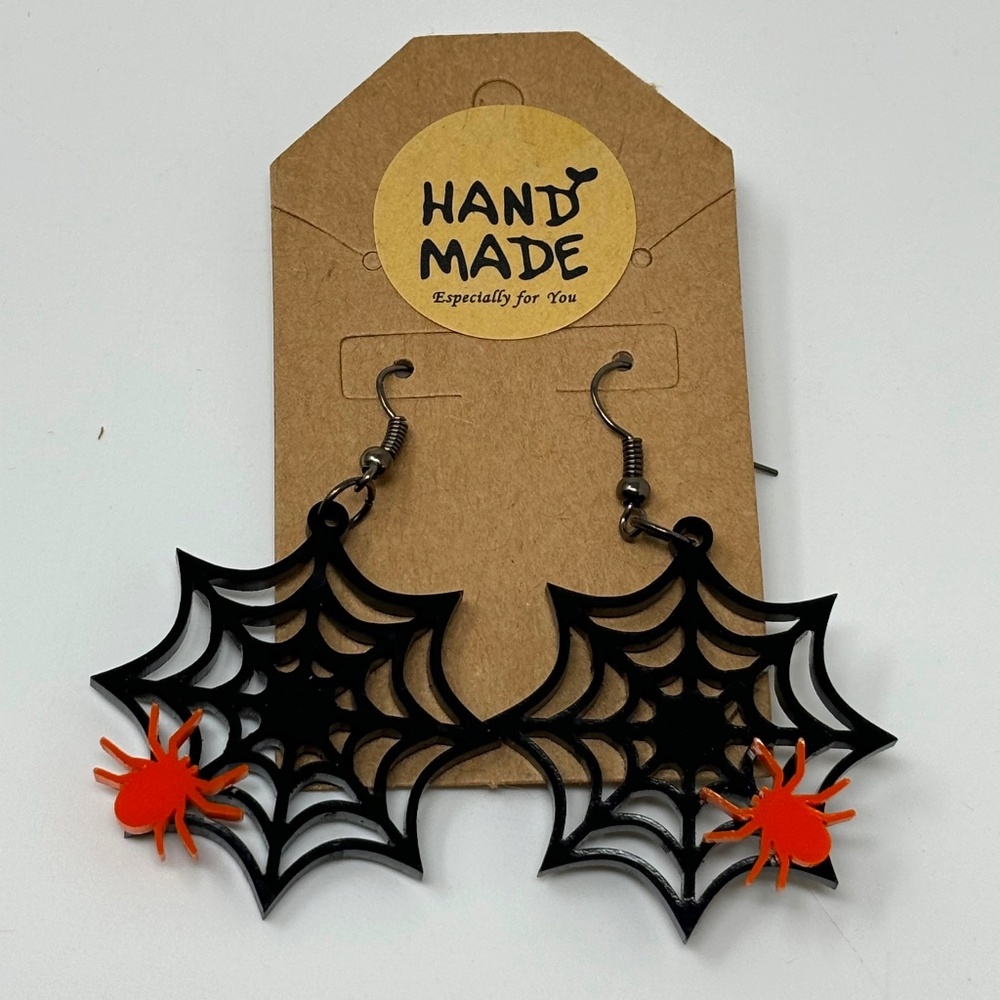 Handmade Dangle Earrings Black Spider Webs with Orange Spiders Acrylic 2.25"